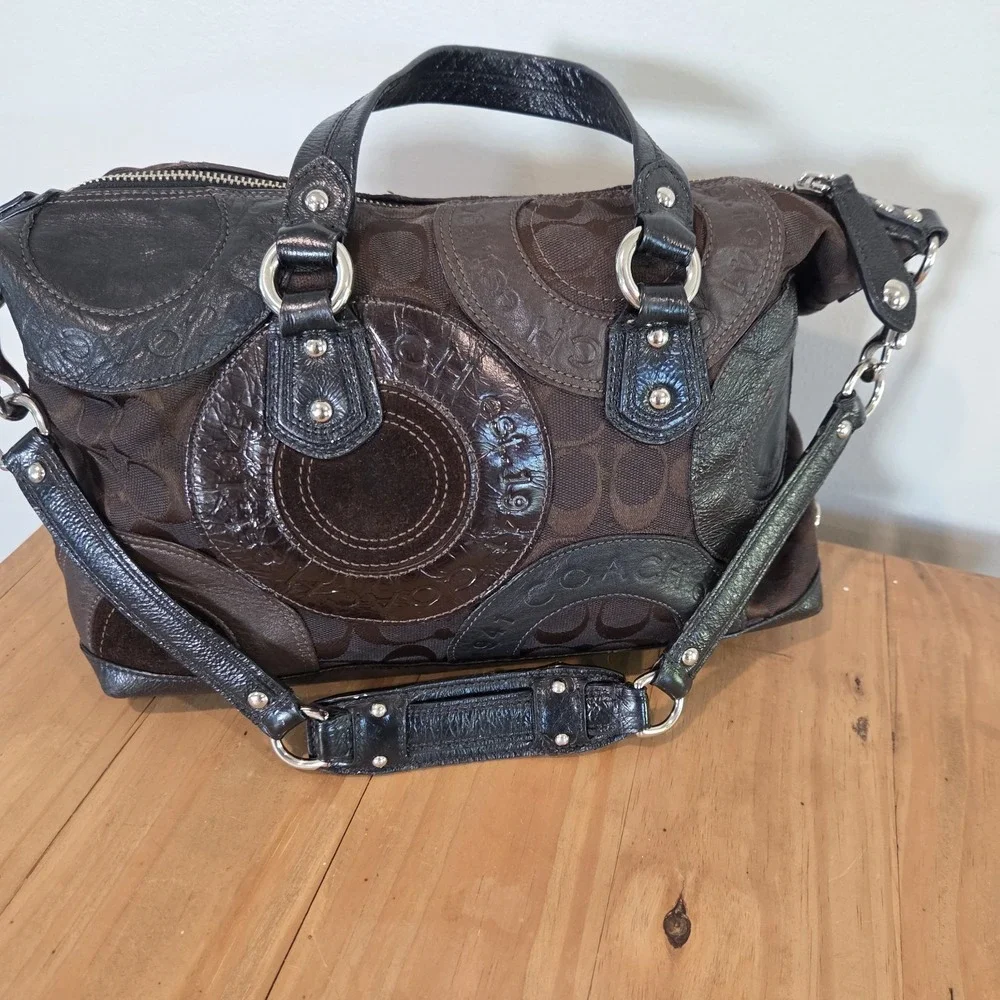 Coach Signature Patchwork Satchel Brown Jacquard Black Leather Shoulder Bag...